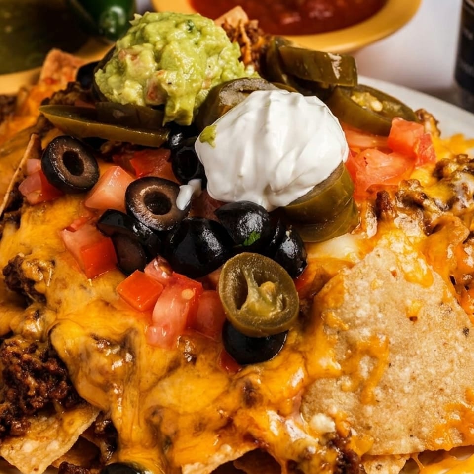 Loaded nachos topped with melted cheese, seasoned meat, guacamole, sour cream, tomatoes, olives, and jalapeños.
