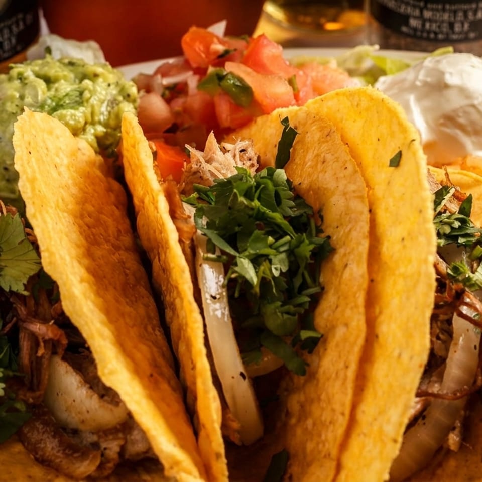 Plate of crispy tacos topped with cilantro, guacamole, salsa, rice, beans, and sour cream.
